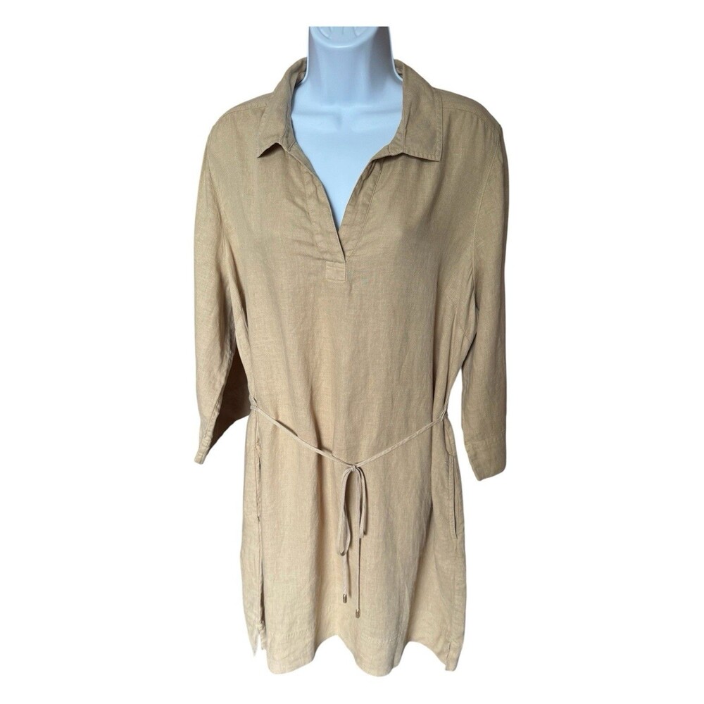 Tommy Bahama Two Palms Linen Shift Dress Natural Tan Large Beach Nautical Indie - Picture 2 of 9